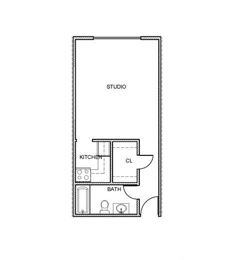 Floor plan for studio, 1 bath, 566 sqft